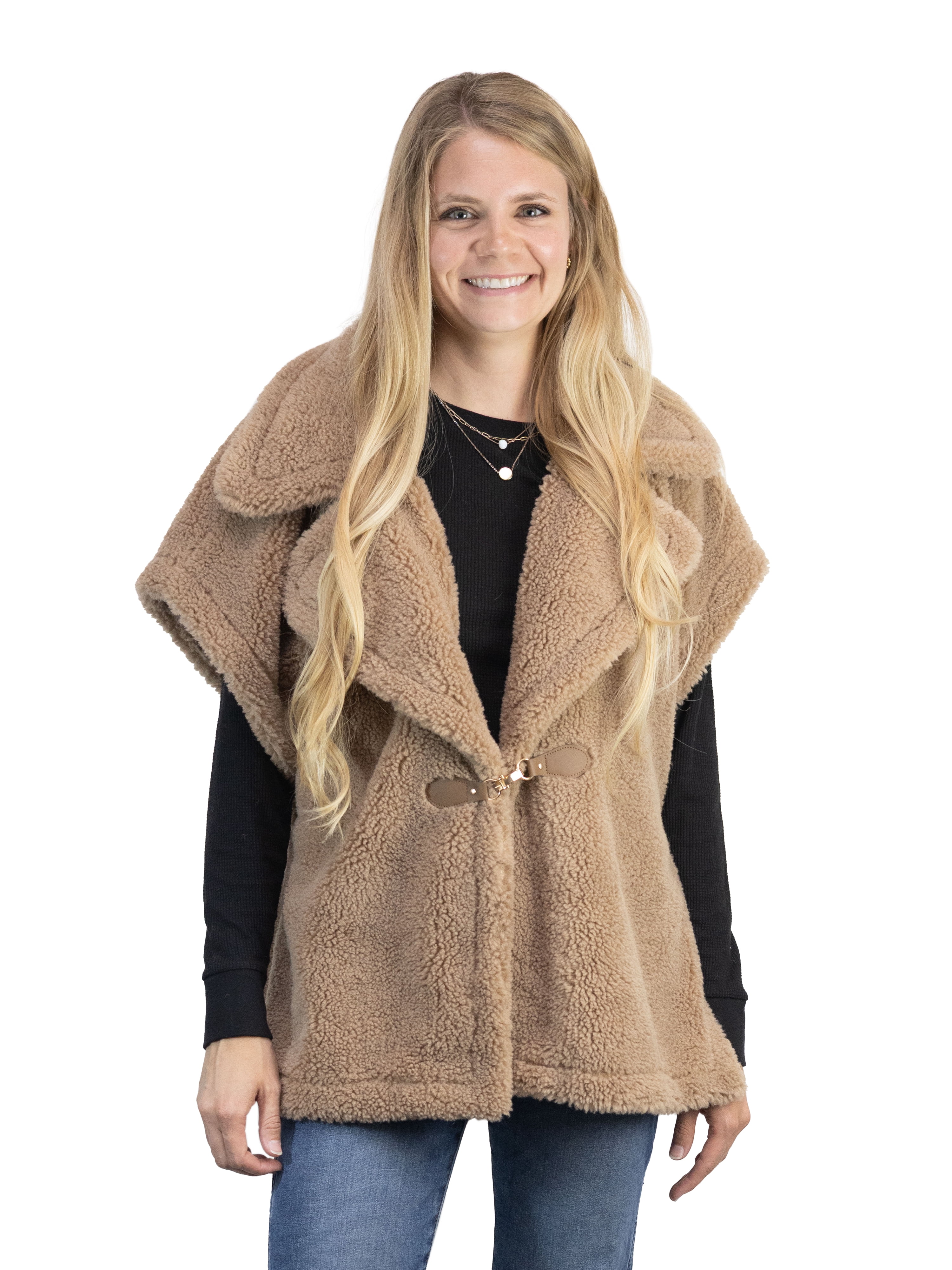 Time and Tru Womens Faux Shearling Vest, Tan