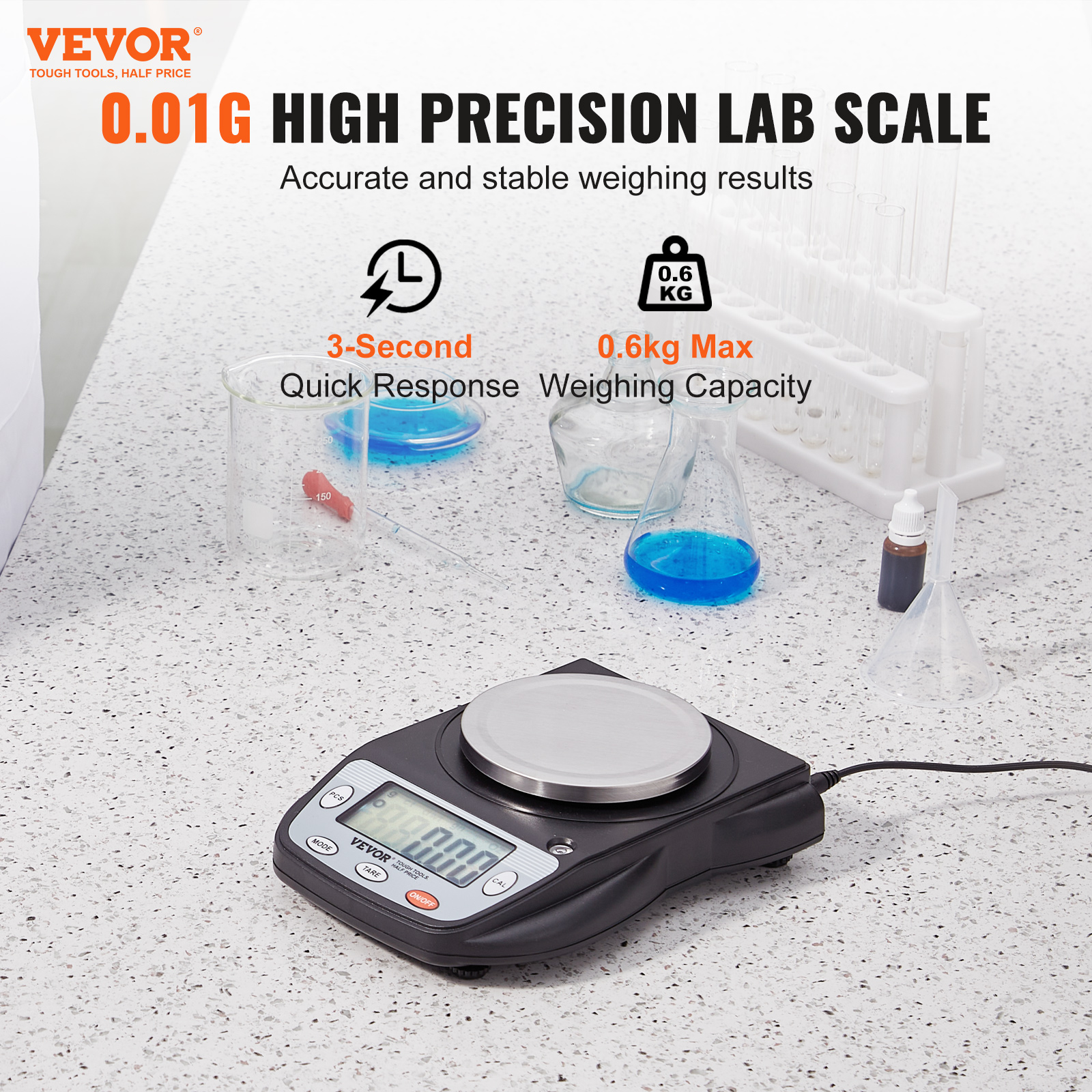 VEVOR Analytical Balance, 600g x 0.01g Accuracy High Precision Lab Scale, 6 Units Conversion Electronic Scientific Laboratory Scale, LCD Display Digital Jewelry Weighing Scale for Lab, Jewelry