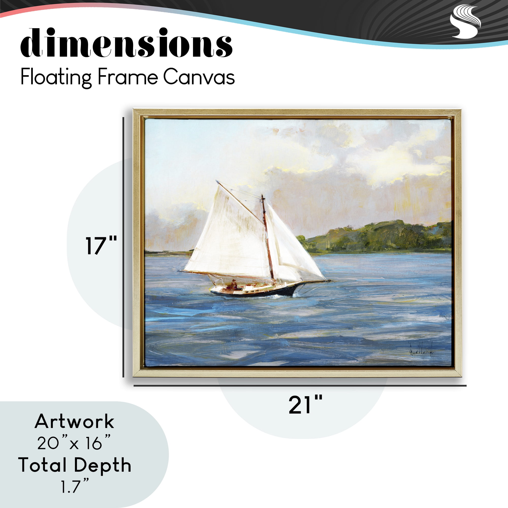 Stupell Industries White Sailboat on Calm Blue Sea Gold Framed Floater Canvas Wall Art, design by Katie Swatland