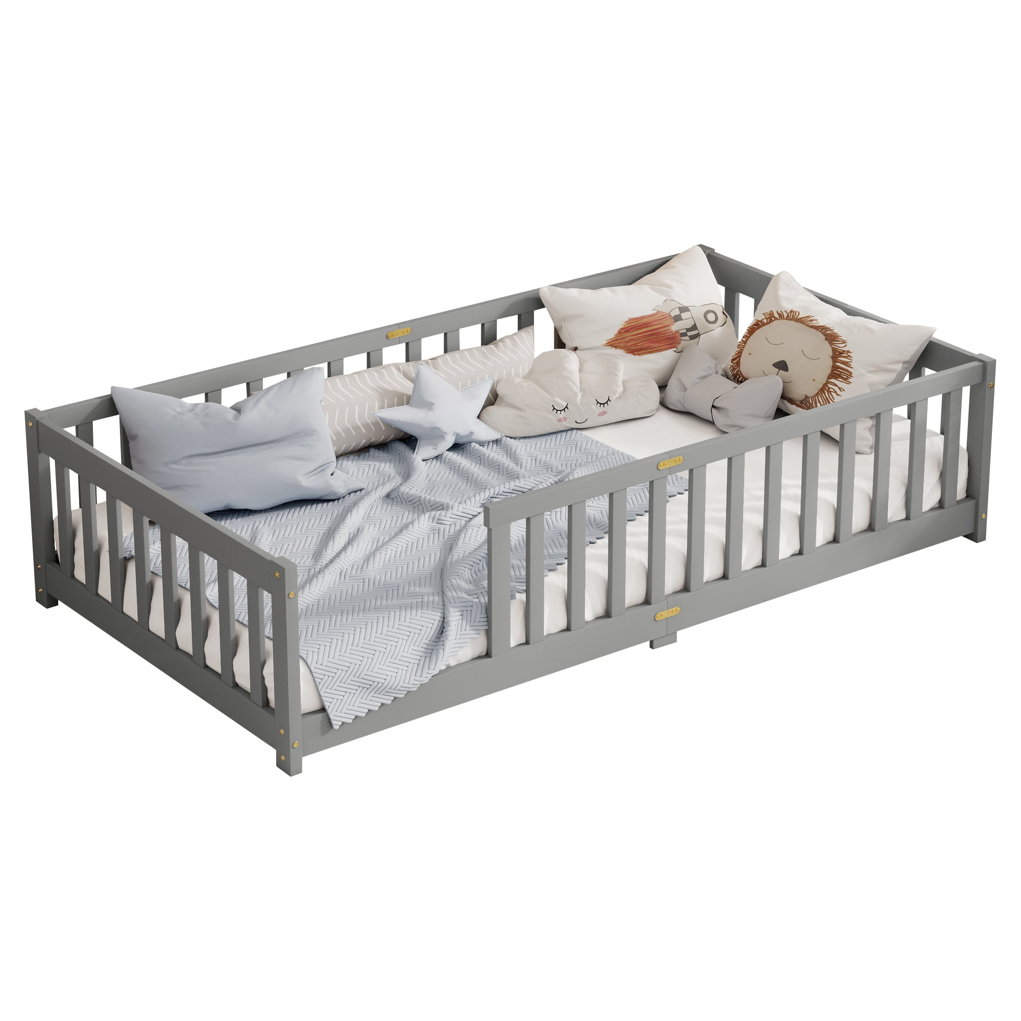 Alvantor Twin Size Montessori Floor Bed for Kids with Rails, Rubber Wood Toddler Bed Frame Low to Ground, No Box Spring Needed, Gray