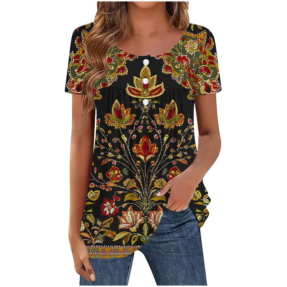 Short Sleeve Blouses for Women Casual,Women's Summer Tunic Tops Flowy Flare Botton Down Shirts Blouses