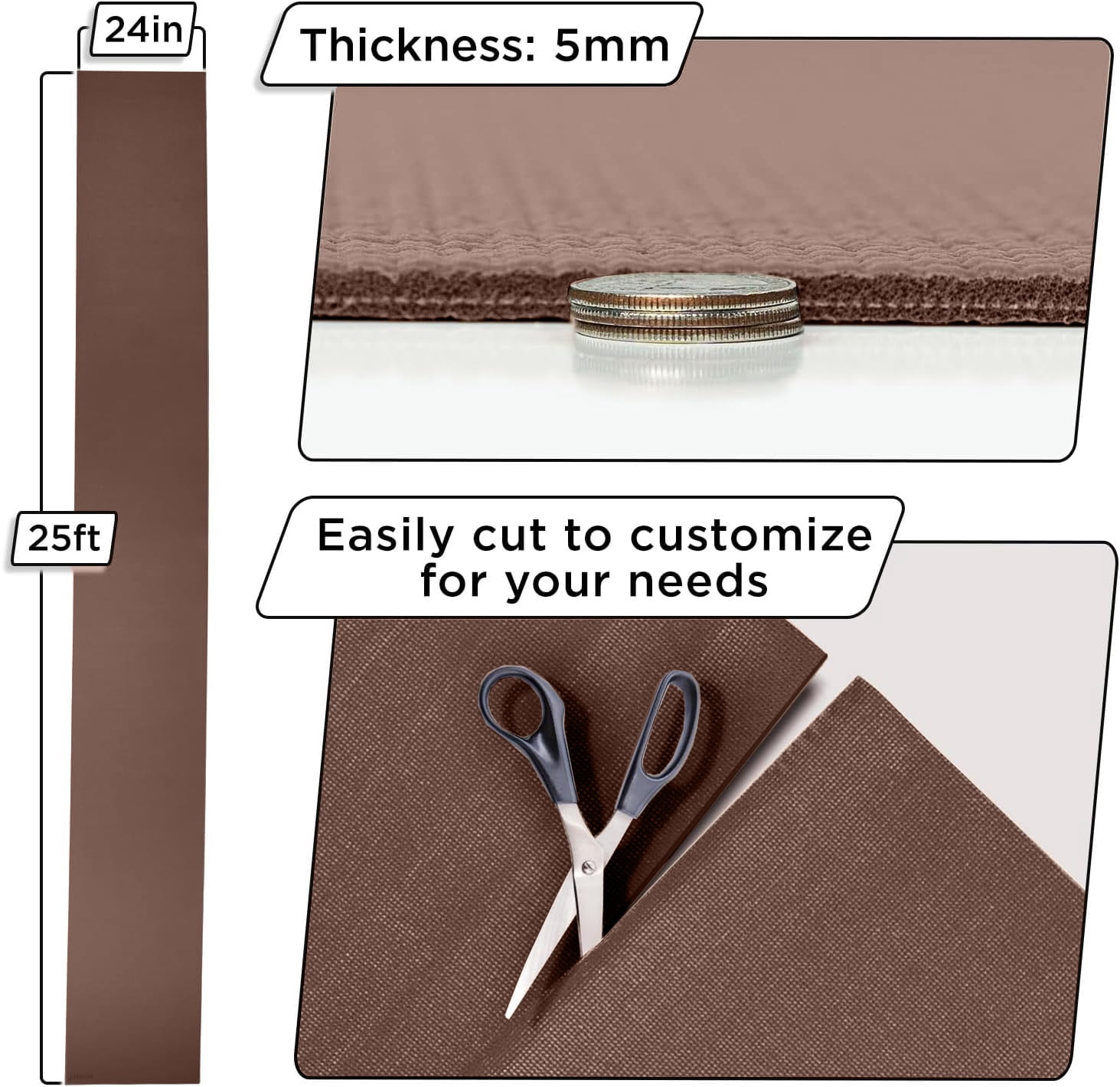 Grippety Slip-Resistant Floor Mat Roll & Yoga Mat – 25ft x 24" x 5mm – Cut-to-Fit Hallway Runner, Kitchen Mat, Drawer Liner, Shelf Liner, Bench Mat, Washable Pet Crate Pad, Cabinet Liner – Chocolate