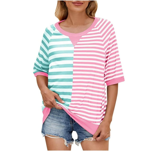 Plebaso T-Shirts Décontractés pour Femmes à Blocs de Couleur Rayés Hauts d'Été Col Rond Manches Courtes Blouses Amples