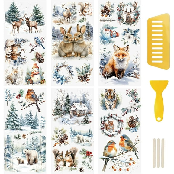 6 Sheets Rub On Transfer Sticker, Winter Snow Elk Decal for DIY Scrapbooking Photo Albums Furniture,15 * 30cm