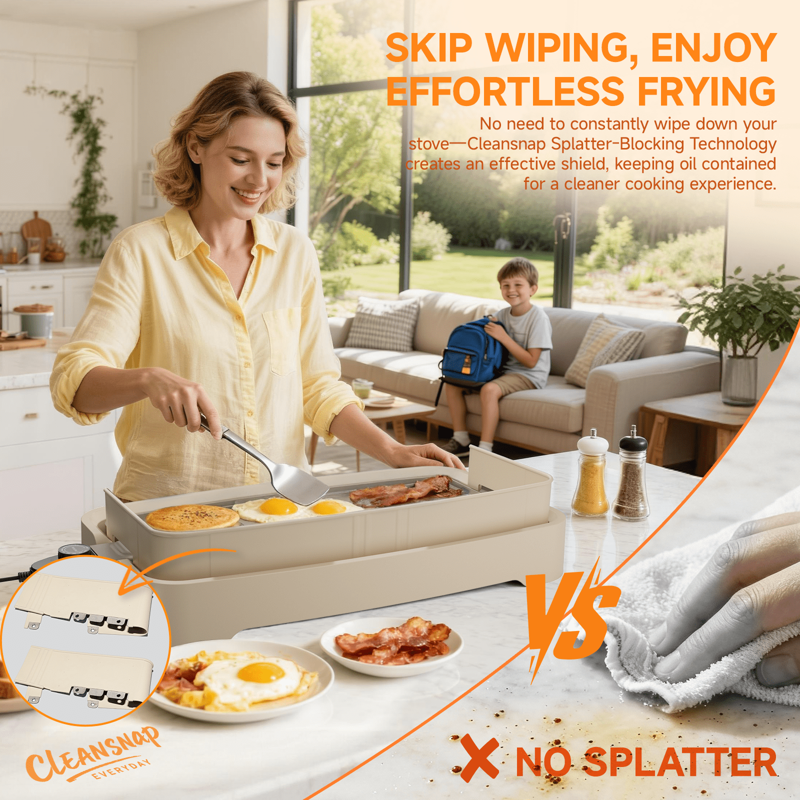 SENSCHEF Cleansnap 20 inch Electric Griddle, Foldable Anti-Mess Shield, 1700W Rapid Heating, PPG Ceramic Nonstick, Dishwasher Safe, Great Gift, Vanilla Cream