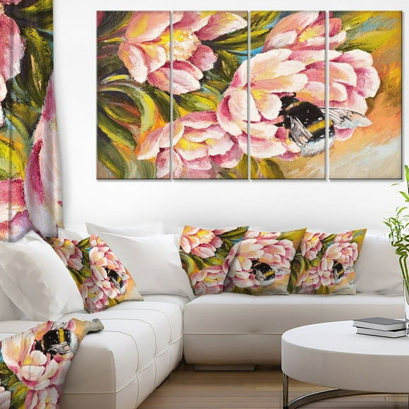 Design Art Bee Sitting on Flower Canvas Print