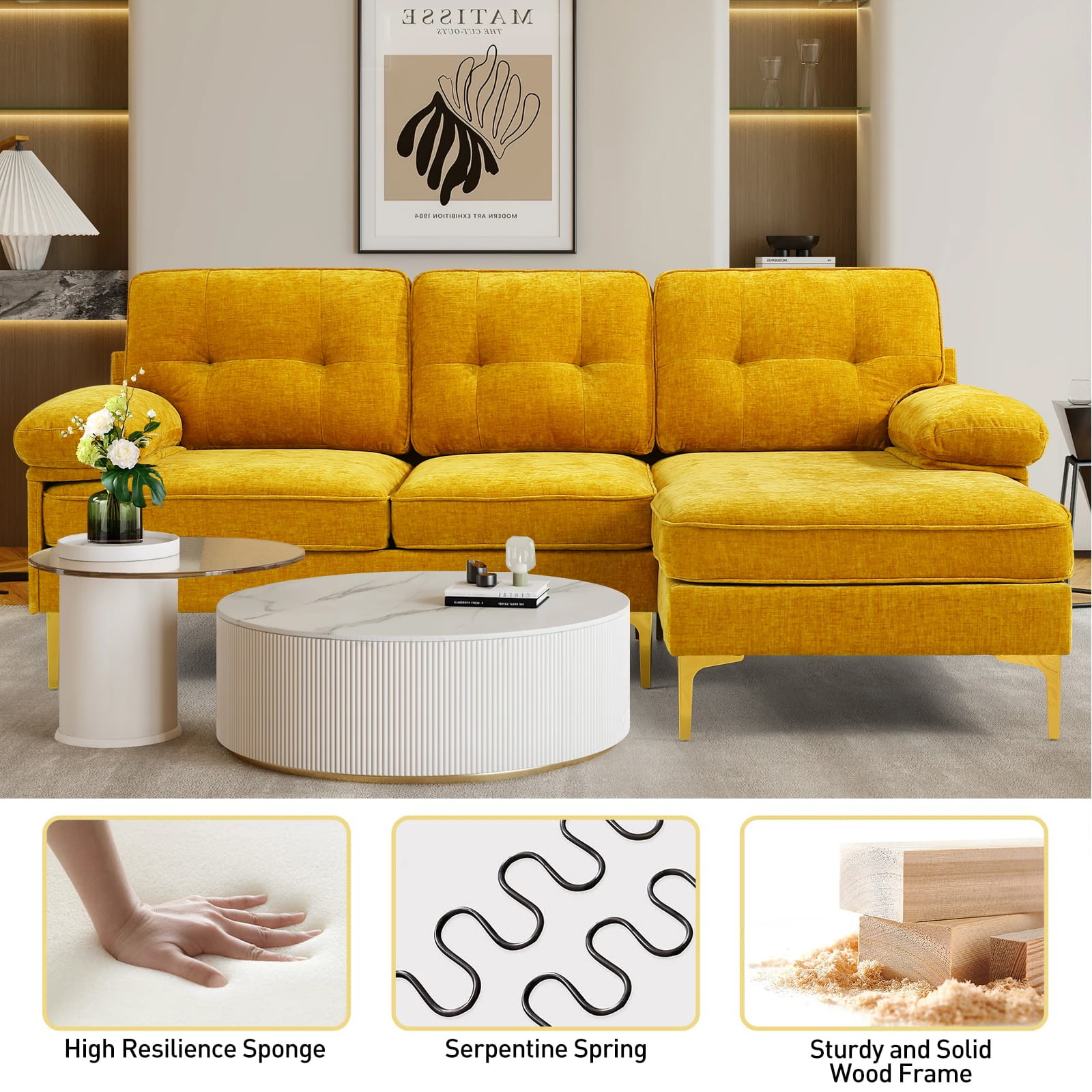 INGALIK Convertible Sectional Sofa Couch, L-Shaped Couch with Reversible Chaise Lounge, Chenille Fabric Modern Sofa for Living Room, Apartment, Office, 3 Seats, Yellow