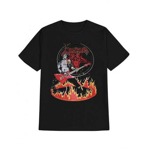 Camiseta con gráfico de banda retro para hombre: cuello redondo informal, algodón, estampado de llamas y guitarras, lavable a máquina, regalo ideal.