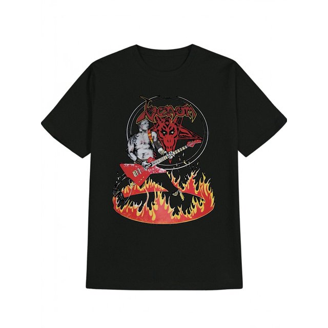 Camiseta con gráfico de banda retro para hombre: cuello redondo informal, algodón, estampado de llamas y guitarras, lavable a máquina, regalo ideal.