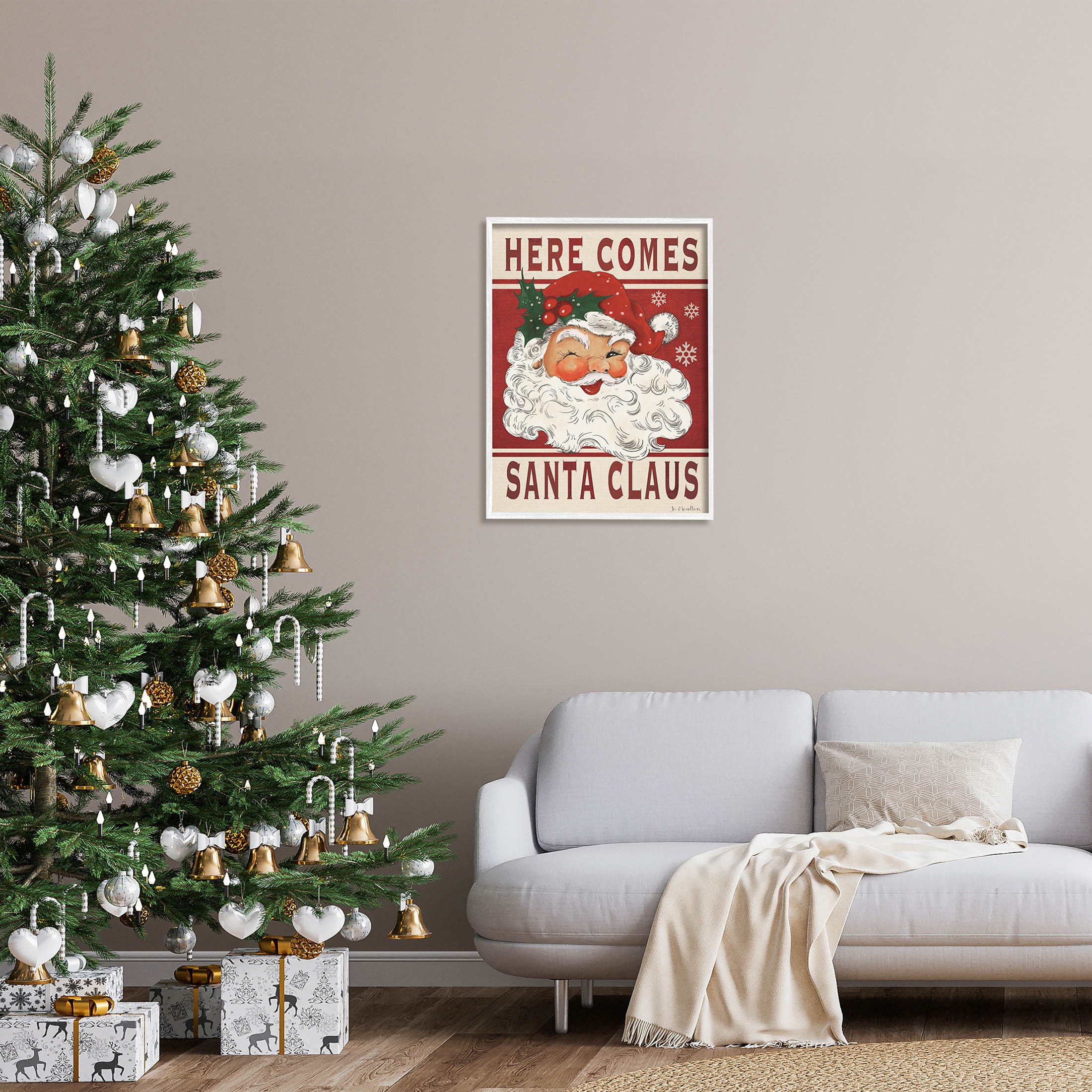 Here Comes Santa Claus Smiling Vintage Holiday Graphic Art White Framed Art Print Wall Art