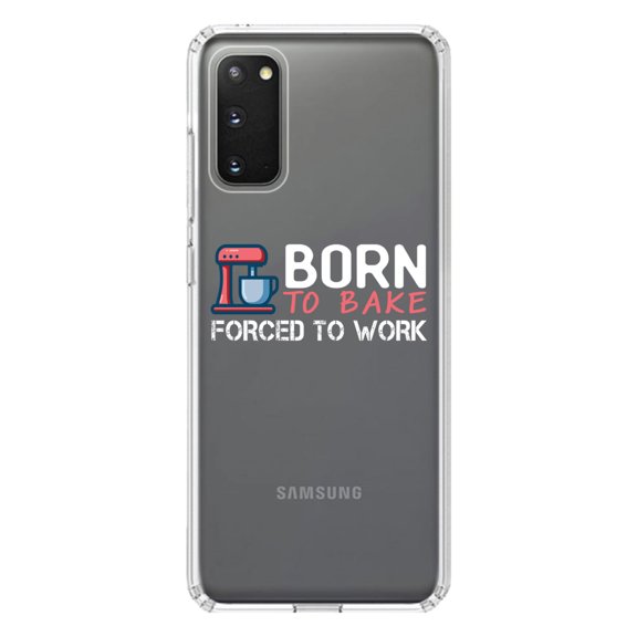 DistinctInk Clear Shockproof Hybrid Case for Galaxy S20 PLUS / 5G (6.7" Screen) - TPU Bumper Acrylic Back Tempered Glass Screen Protector - Born to Bake Forced to Work