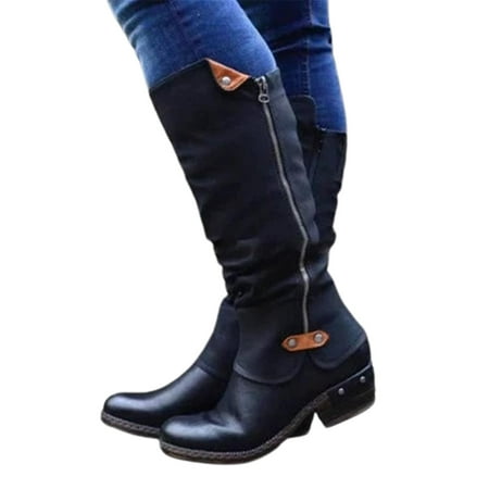 

Shakub Womens Ladies Mid Calf Block Heel Riding Boots Western Cowboy Faux Leather Biker Shoes