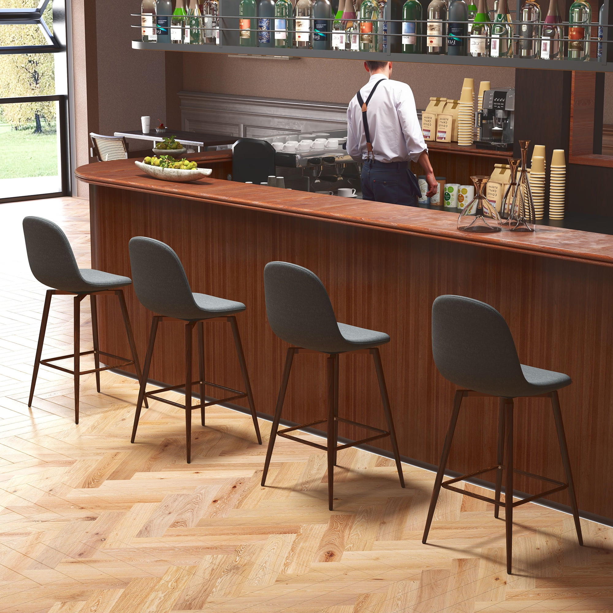 Homy Casa 26" Swivel Counter Height Bar Stools, Set of 2, Grey Fabric, Wood-Look Legs