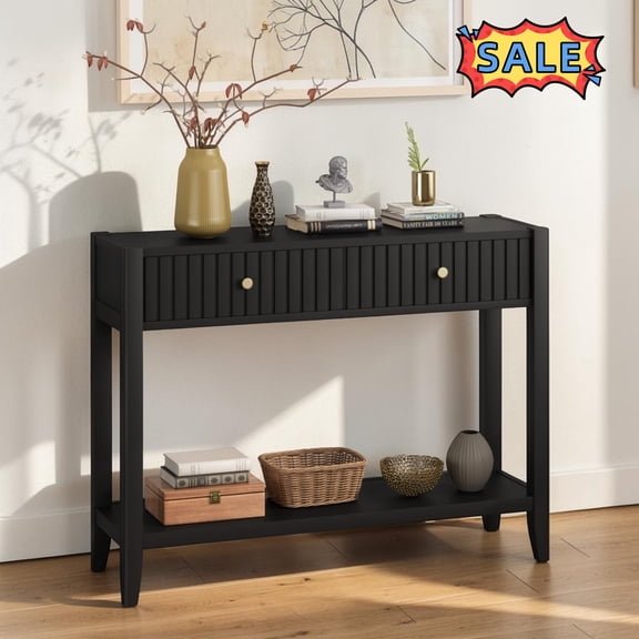 Tcbosik Small Console Table, 29.5 Inch Entryway Table with Open Shelf and 2 Storage Drawers, Behind Couch Table for Hallway, Foyer, Living Room, Black