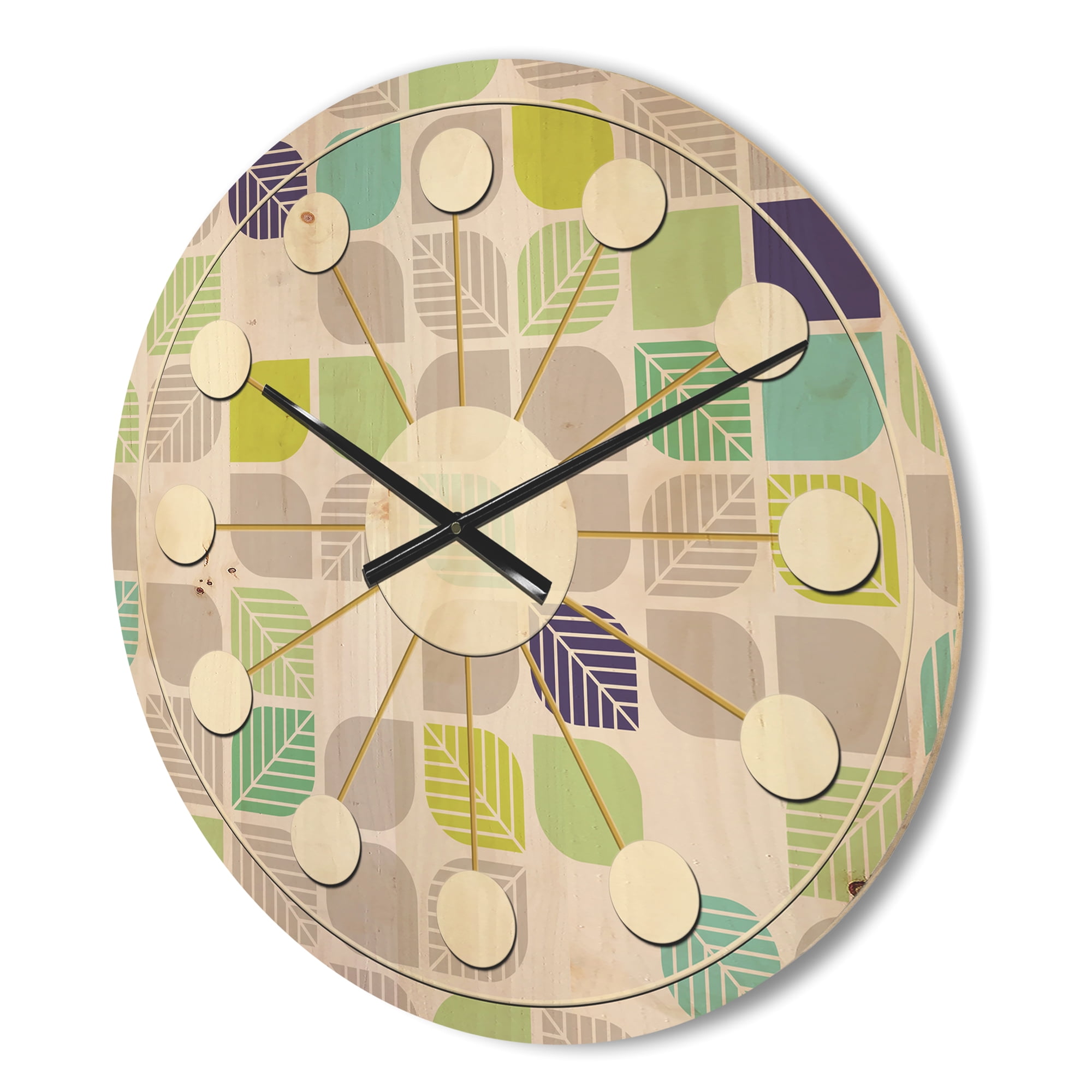 Designart 'Leaves With Geometric Pattern' Mid-Century Modern Wood Wall Clock