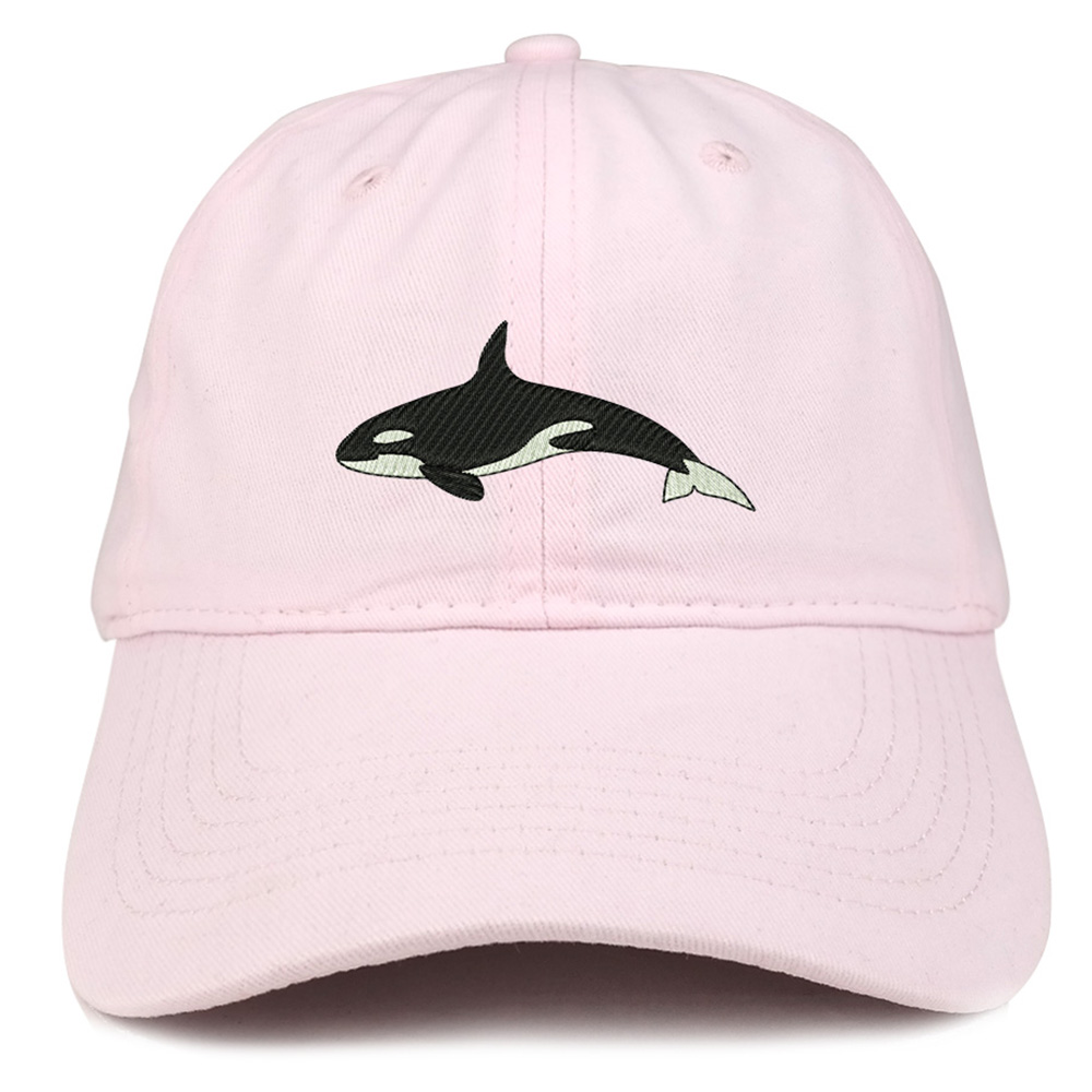 Orca Killer Whale Embroidered Brushed Cotton Dad Hat Cap Light Pink