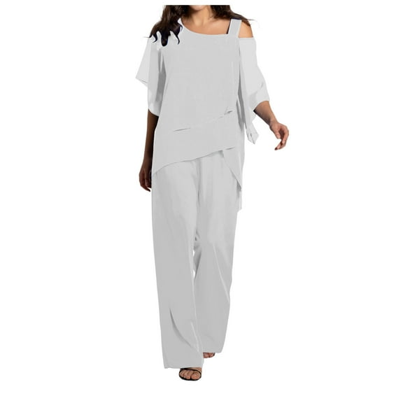 UJNDER Women's Casual Shoulder Irregular Party Elegant Two Piece Set Pant Suits for Women White M