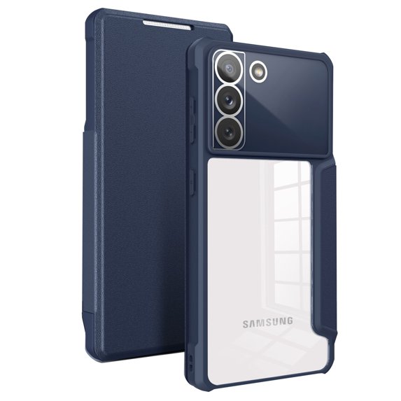 SaniMore for Samsung Galaxy S22 Plus Case Transparent PC & Soft TPU Built-in Electroplated Lens Ring, Magnetic Flip Cover with Card Slot & Kickstand Shockproof Protective Shell, Blue