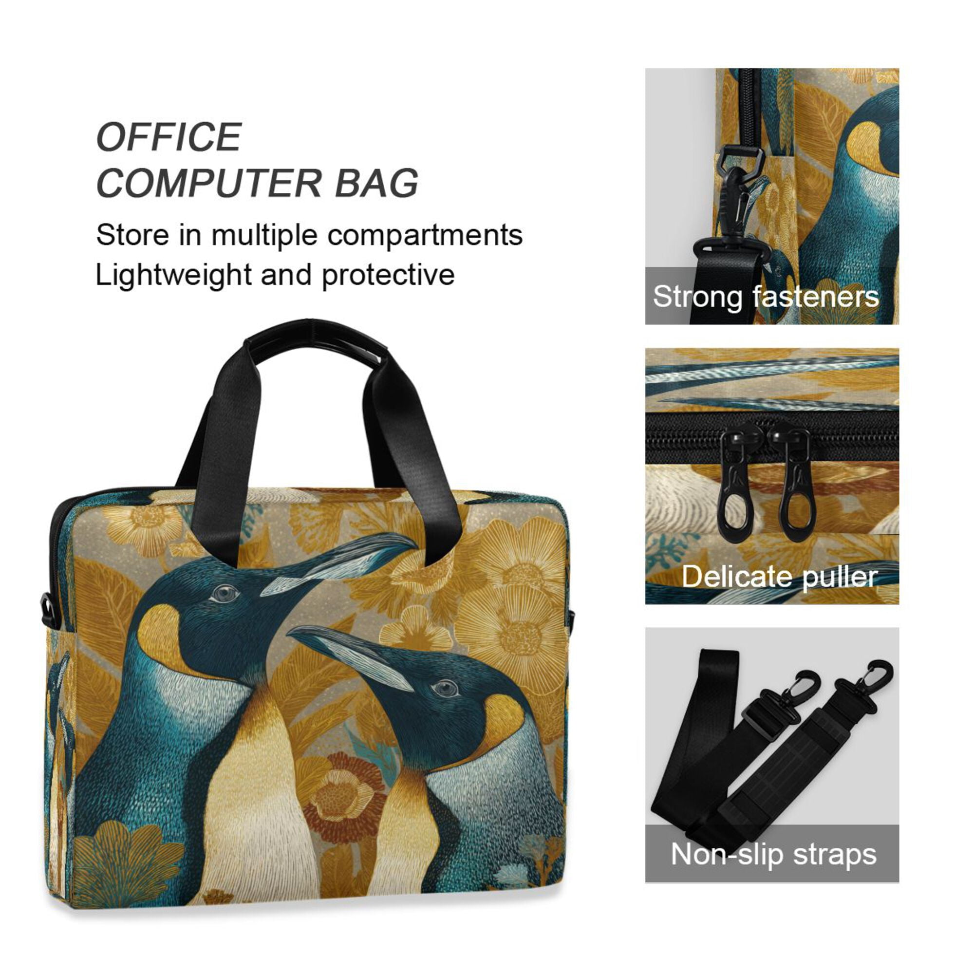16" Laptop Briefcase, Detachable Anti-Slip Shoulder Strap, Multi-Compartment Work Travel Bag Two Penguins