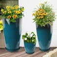 thumbnail image 5 of Bibana Set of 3 Blue Glossy Planters (24", 21", 10"), Indoor Outdoor Round Plastic Flower Pots with Drainage Hole & Saucer, Lightweight Imitation Porcelain Decorative Planters for Home Garden Porch, 5 of 11