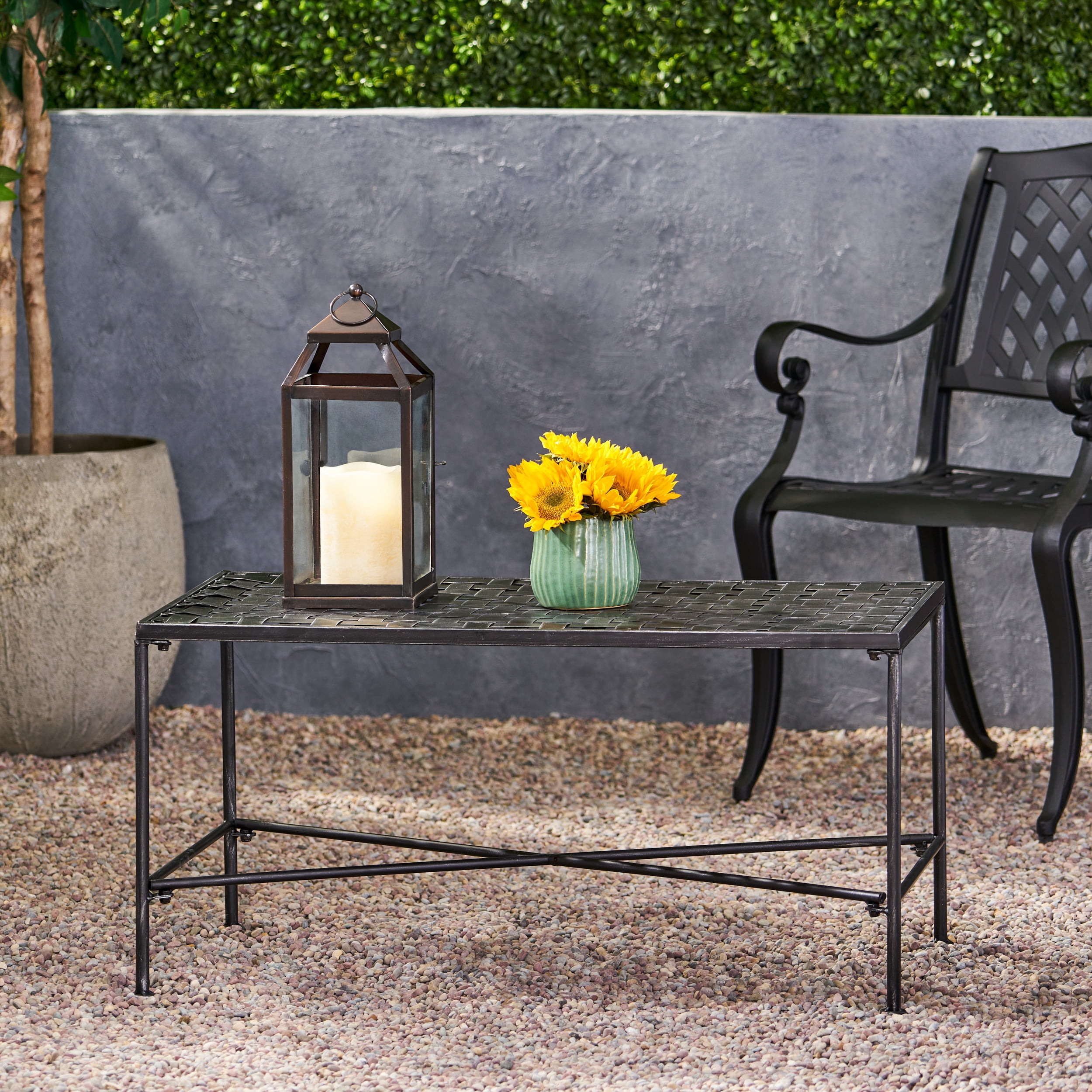 Outdoor Iron Frame Coffee Table, Simple Leisure Center Table for Patio Garden, Black Brush Silver