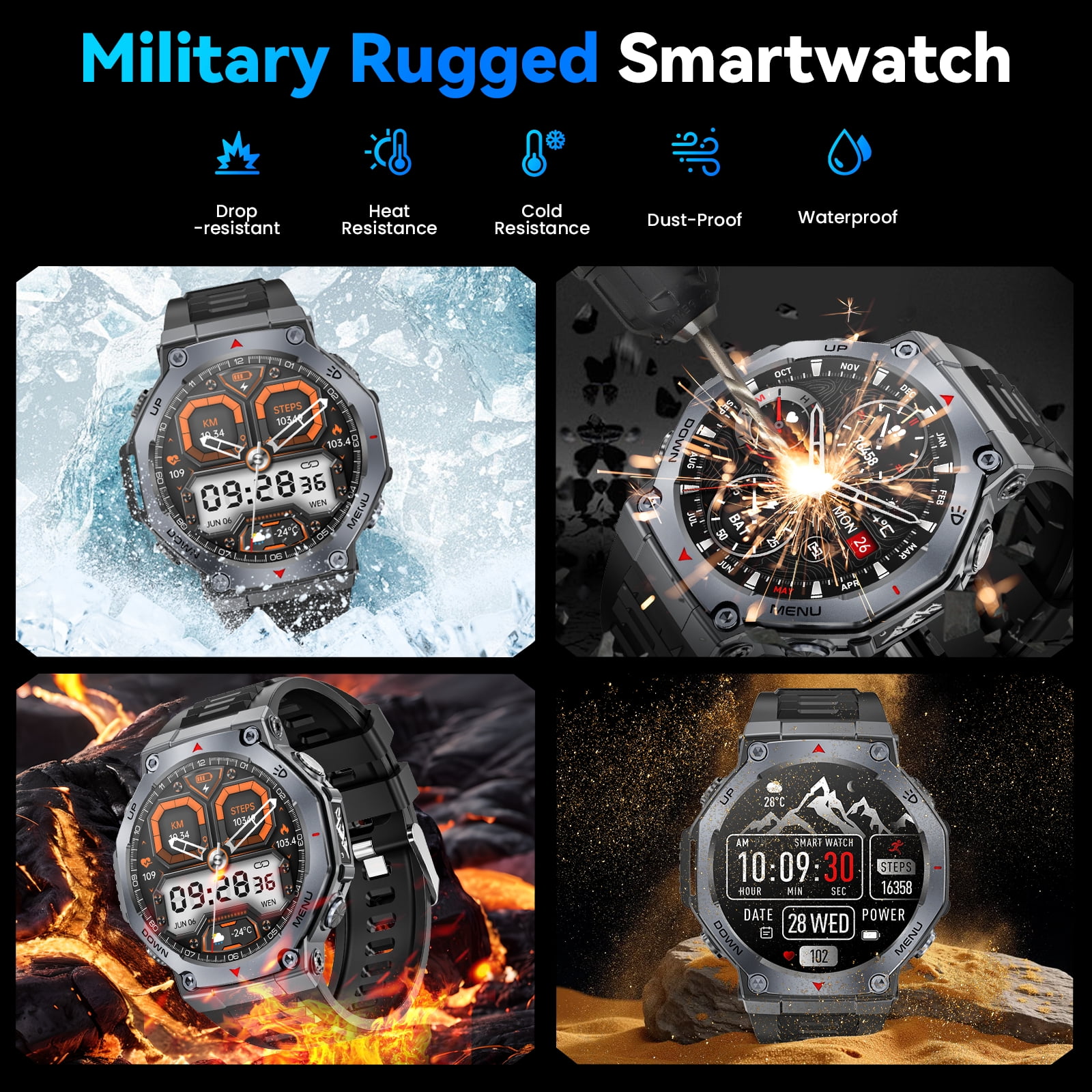 Haulvean Military Smart Watch for Men, 1.43-inch AMOLED Outdoor Sports Fitness Tracker Watch, with IP68 Waterproof/Answer/Make Calls/100+ Sports Modes, fits for Android and Iphone Devices (Black)