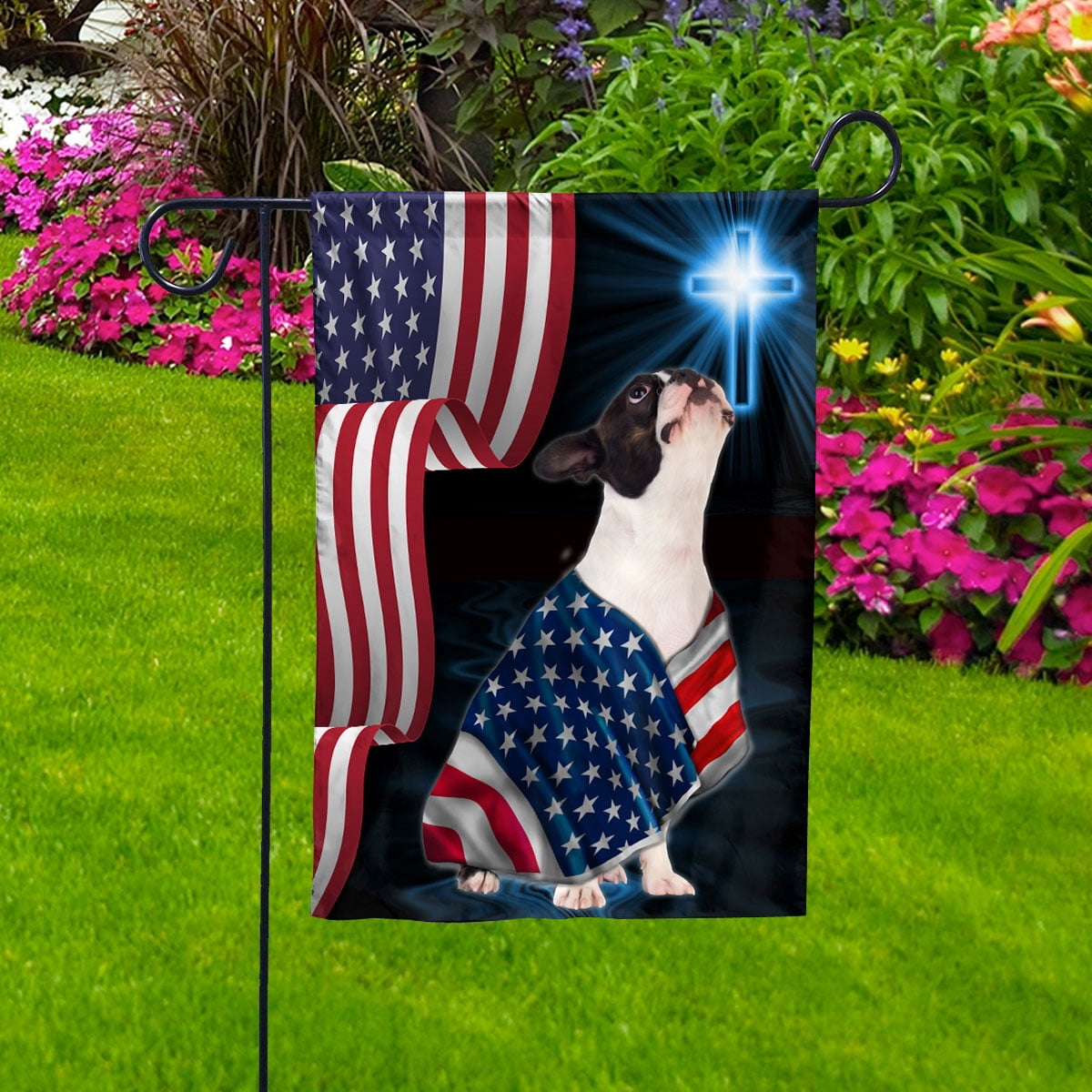 Boston Terrier Dog Wearing Flag American Faith Cross 4th of july, Dog Decor American Flag House Flag, Double-Sided Decorative Outdoor Flag, Polyester Yard Flag 29.5 x 39.5 in