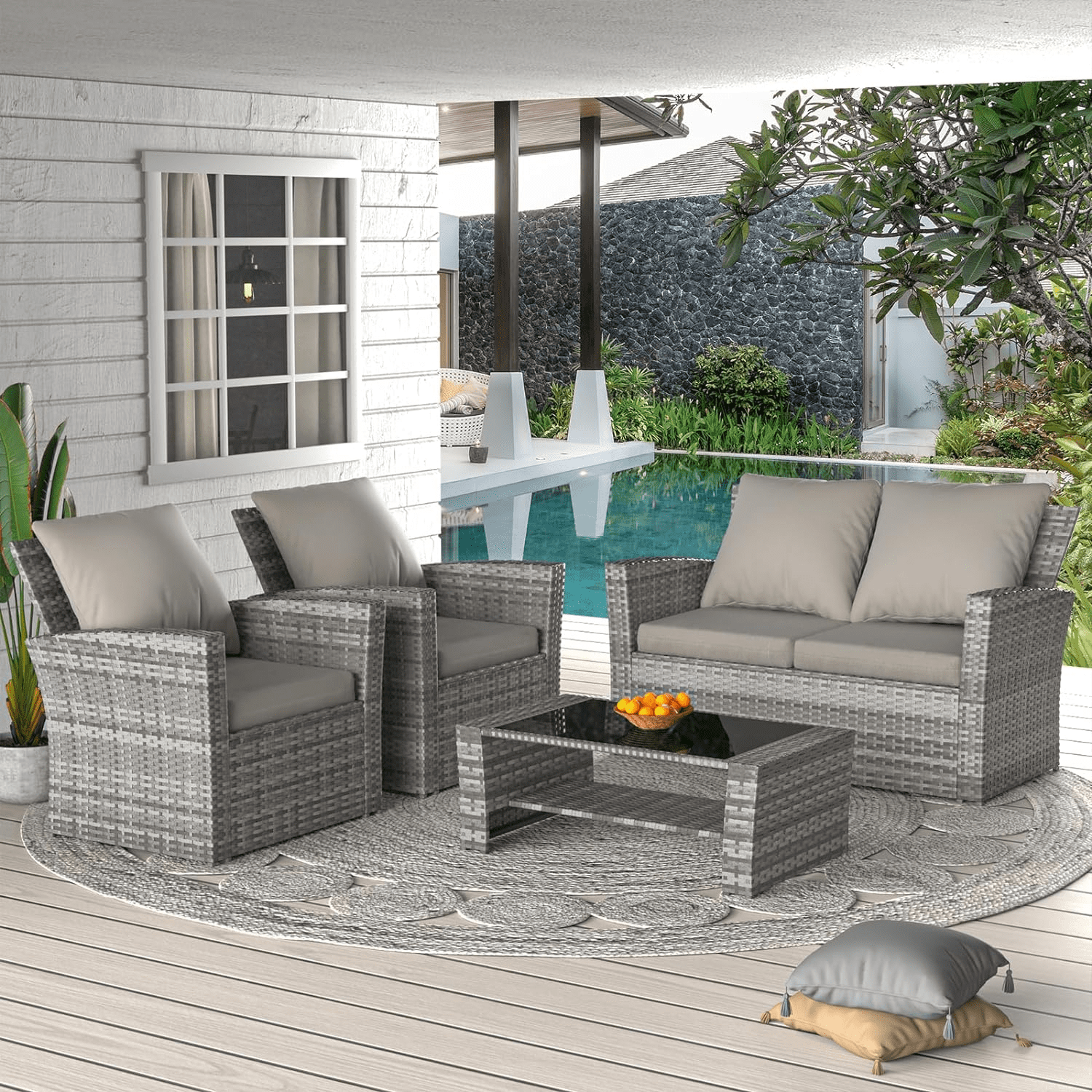 Amopatio Wicker Patio Furniture Set, 4 Piece Outdoor Sectional Conversation Sets, Gray PE Rattan Patio Sofa Set for Balcony, Porch, Backyard, Grey