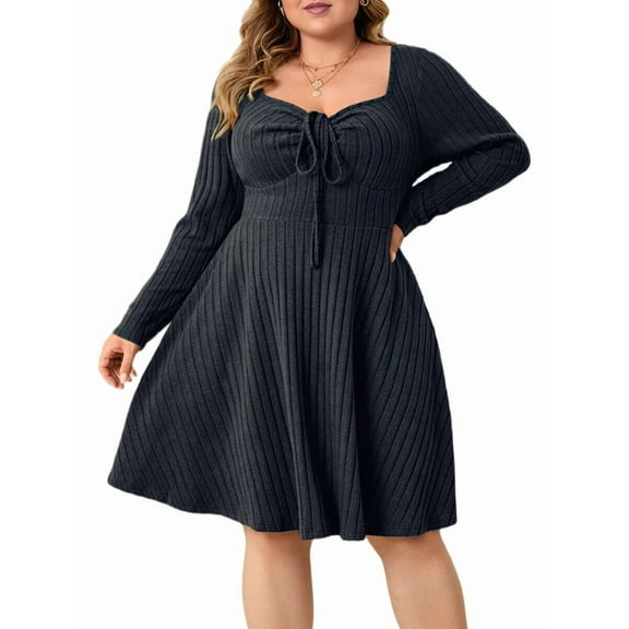 Womens Casual Plus Size Square Neck Long Sleeve Ribbed Swing Dress Dark Gray XXXL