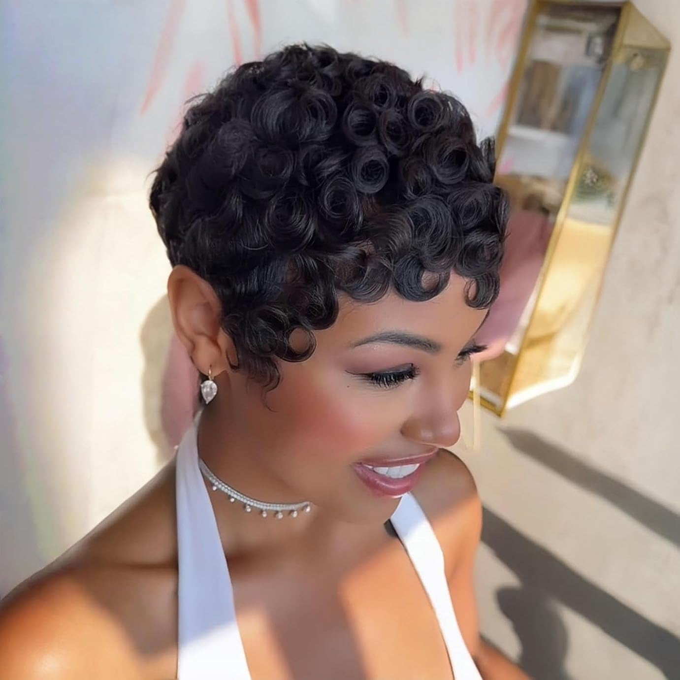 No Glue Pixie Cut Wigs for Black Women Brazilian Curly Human Hair Glueless Short Layered Wigs With Bangs Natural Black Daily Wig