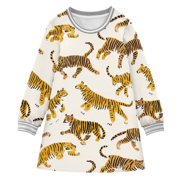 Girls' long-sleeved dress Cute Tiger Girls' A-line dress with ribbed cuffs Soft and comfortable
