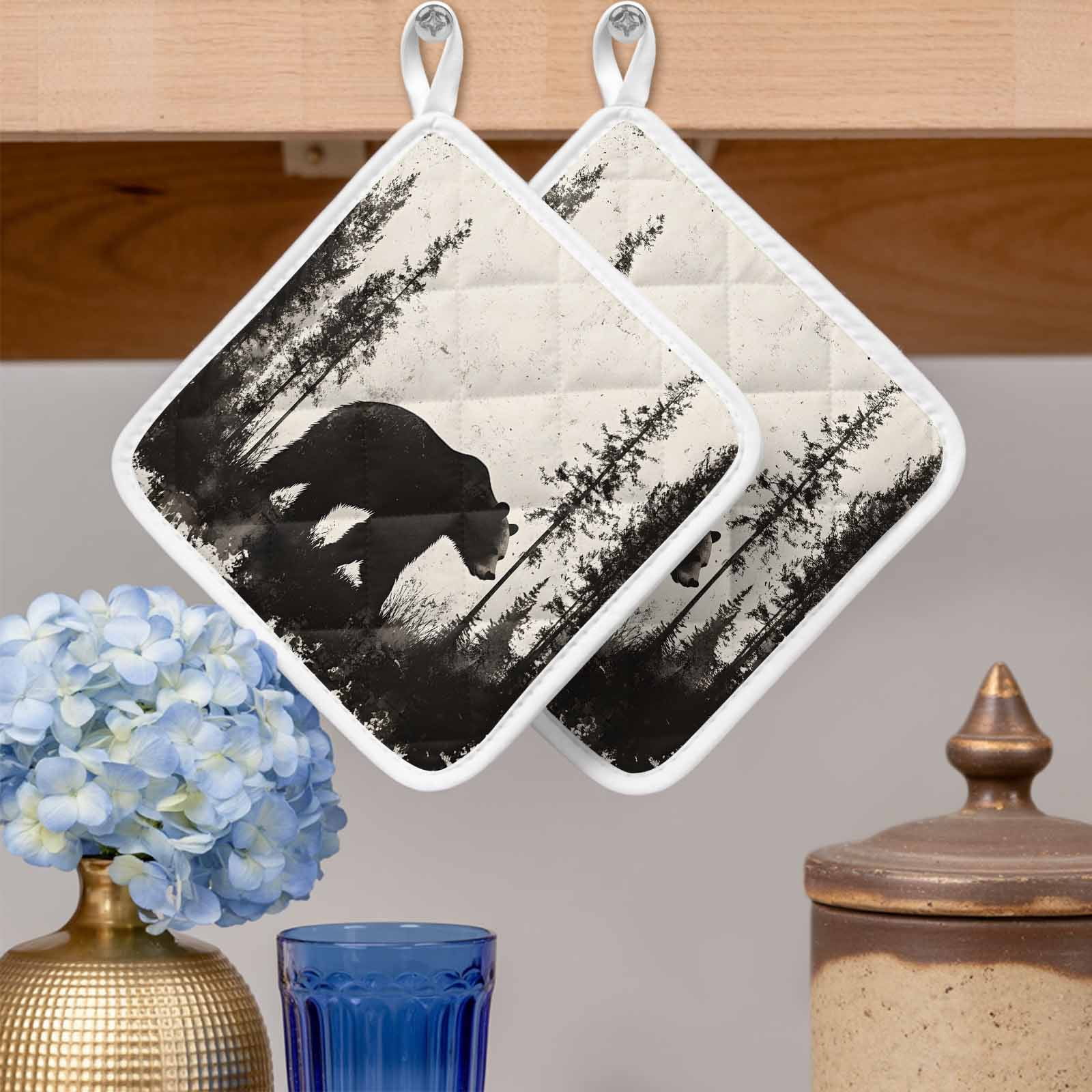 Black Bear Pot Holders for Kitchen Heatproof Potholder, 4 Pack Vintage Forest Cabin Animals Silhouette Hot Pads Multipurpose Oven Pads Cloth Potholders Trivet for Cooking and Baking