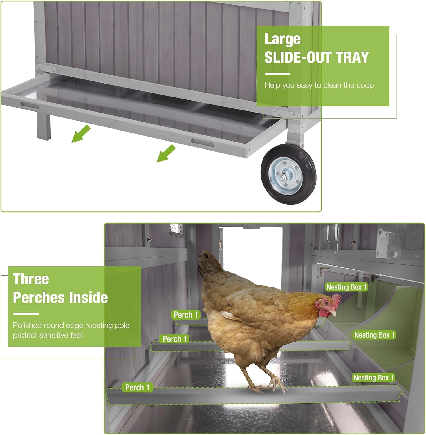 BUTINGLALE Chicken Coop Mobile Duck Coop with Super Large Wheels Durable Hen House 48.6" Outdoor Rabbit Hutch with Nesting Box for 3-6 Chickens