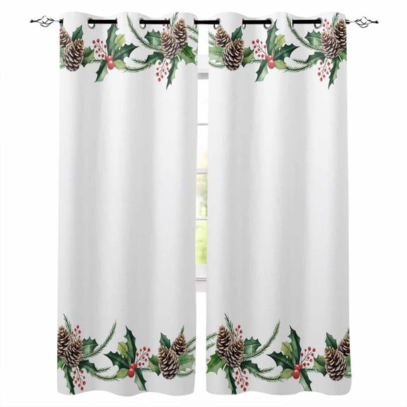 Fsddascl Green Pine Cone Blackout Curtains for Bedroom/Living Room, Thermal Insulated Kitchen Curtains, Christmas Winter Plants Leaves Grommet Darkening Window Treatment Drapes 27.5"x39"x2