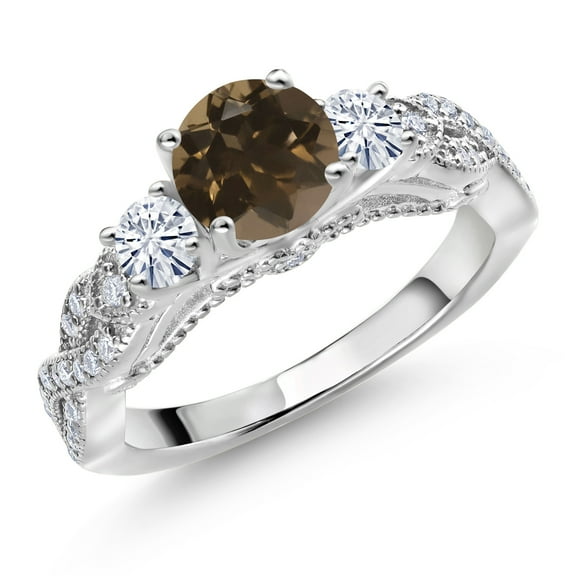 Gem Stone King 925 Sterling Silver Brown Smoky Quartz and White Moissanite Engagement Ring for Women (1.27 Cttw, Gemstone, Round 6MM and 3MM, Size 9)