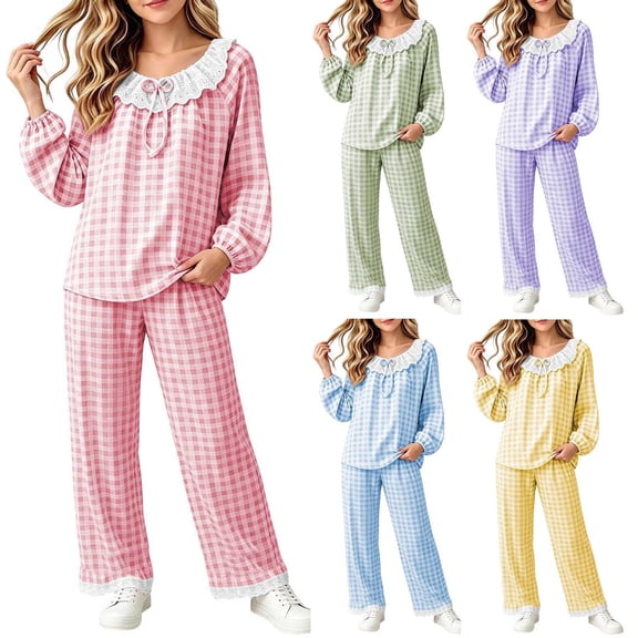 ITSAME Teen Girls Sleepwear Outfits 2-Piece Cotton Plaid Ruffle Long Sleeve Top and Pants Spring Fall Loungewear Set Green Size 10