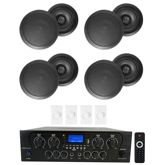 Rockville 4-Room Home Audio Kit Stereo 8 Black 8" Ceiling Speakers Wall Controls