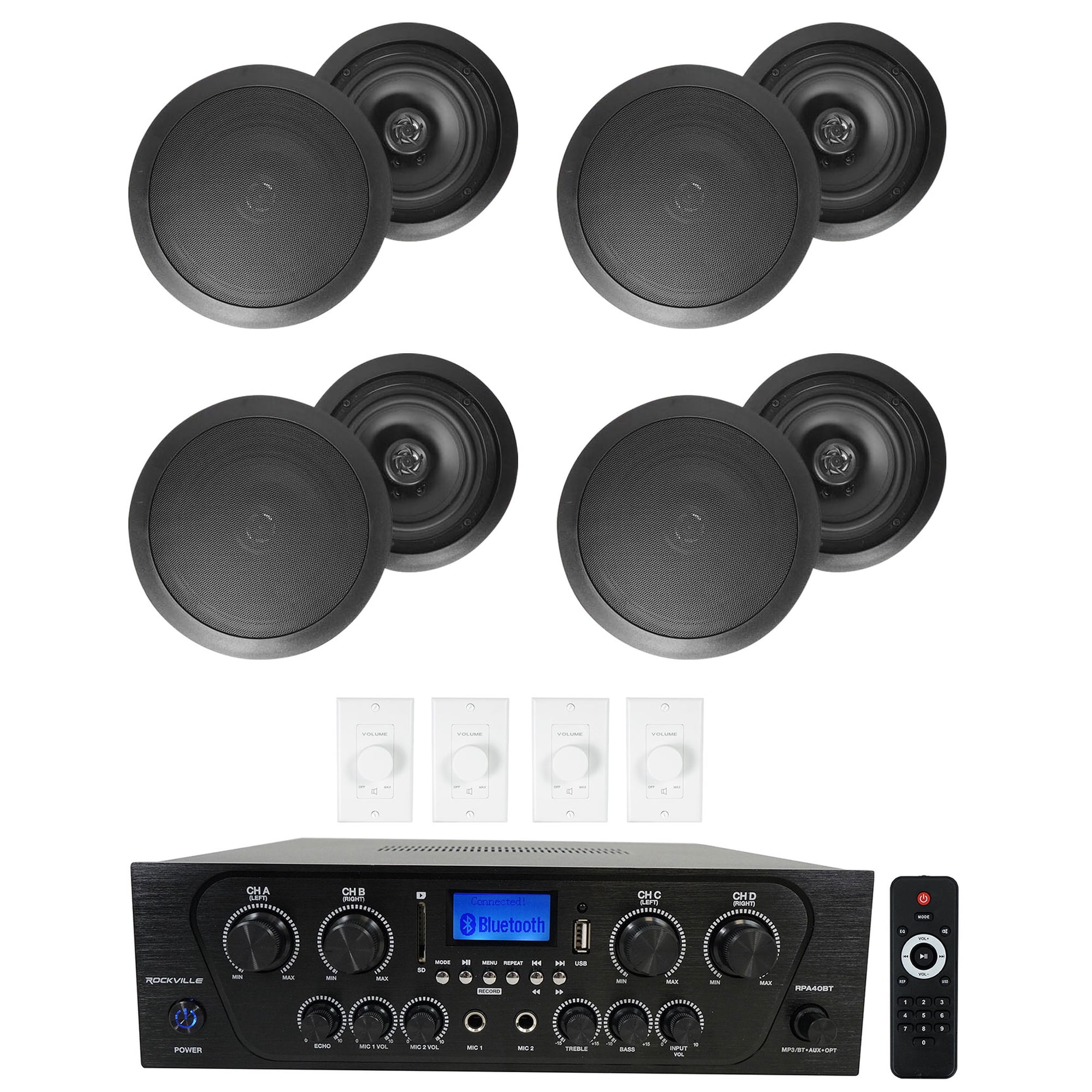 Rockville 4-Room Home Audio Kit Stereo+8 Black 8" Ceiling Speakers+Wall Controls