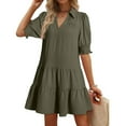 thumbnail image 2 of RYRJJ Casual Dresses for Women Lapel Collared V Neck Puff Short Sleeved Pleated Summer Dresses Ruffle Tiered Flowy Midi Dresses(Army Green,M), 2 of 6
