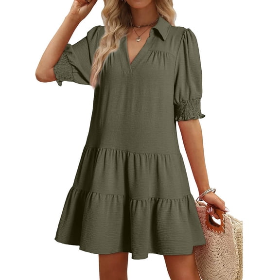 Plus Size Swing Dresses for Womens 2026 Fashion Summer Casual Turndown Collar Short Sleeve Fold Solid Color V-Neck Dress