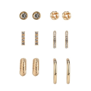 Time and Tru Adult Women's Gold Tone 6 Pair Stud and Hoop Crystal Metal Earring Set