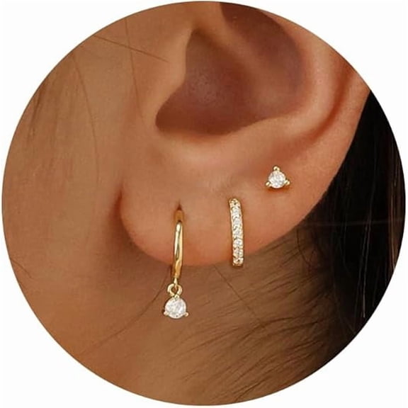 Yomhary 3 Pairs Gold CZ Earrings for Women - Dainty Stud and Small Hoop, 925 Sterling Silver Plated Hypoallergenic