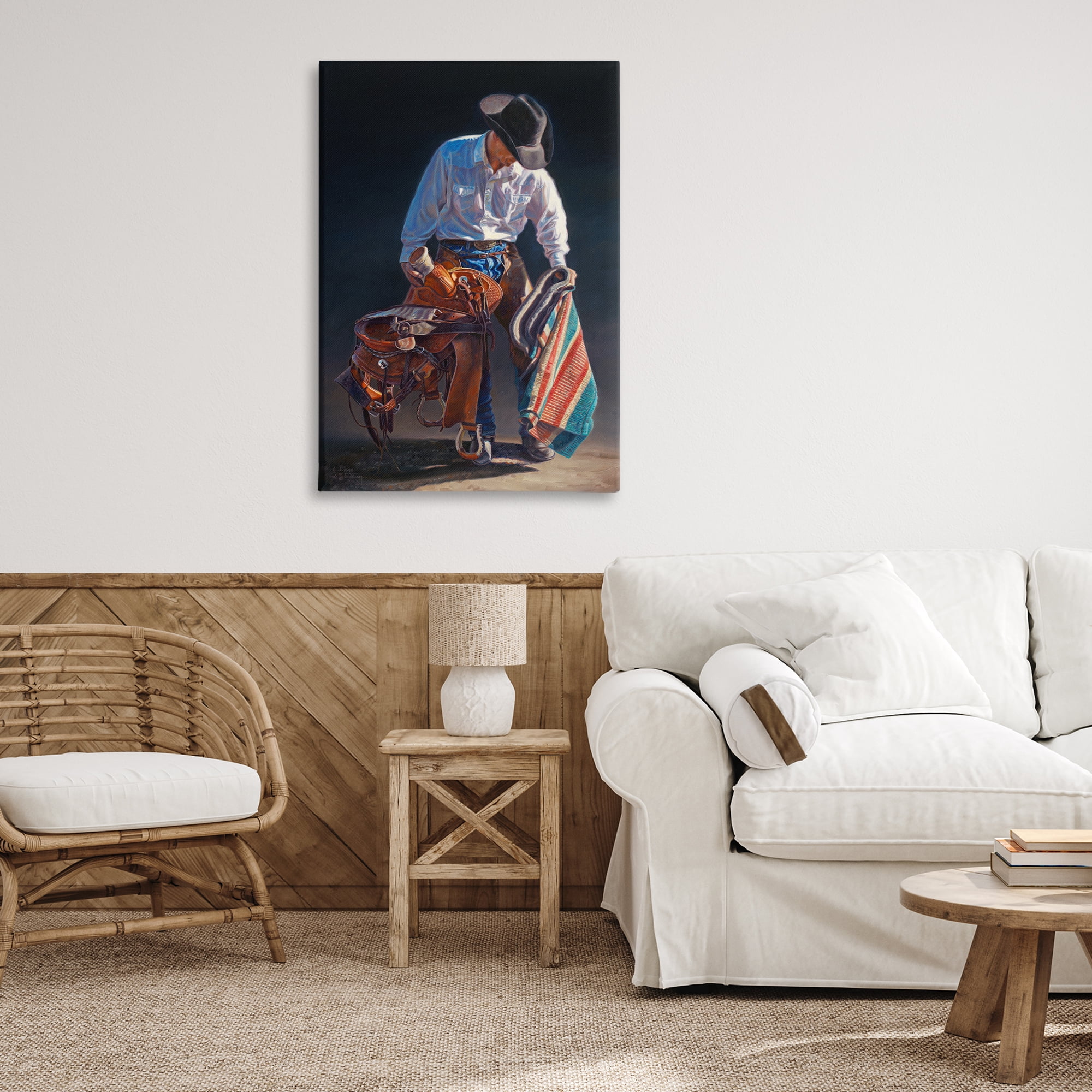 Stupell Industries Stoic Cowboy & Saddle Novelty Painting Gallery Wrapped Canvas Art Print Wall Art, 24 x 36