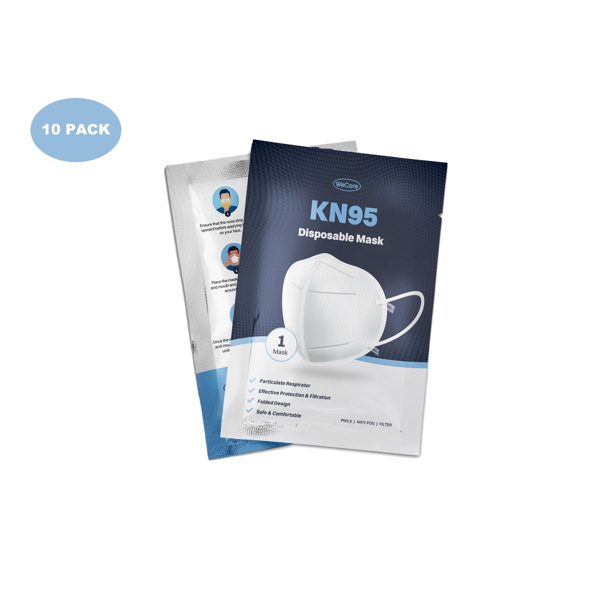 WeCare KN95 (95% Filtration) Protective Disposable Face Masks, White - 10 Pack (each sealed)