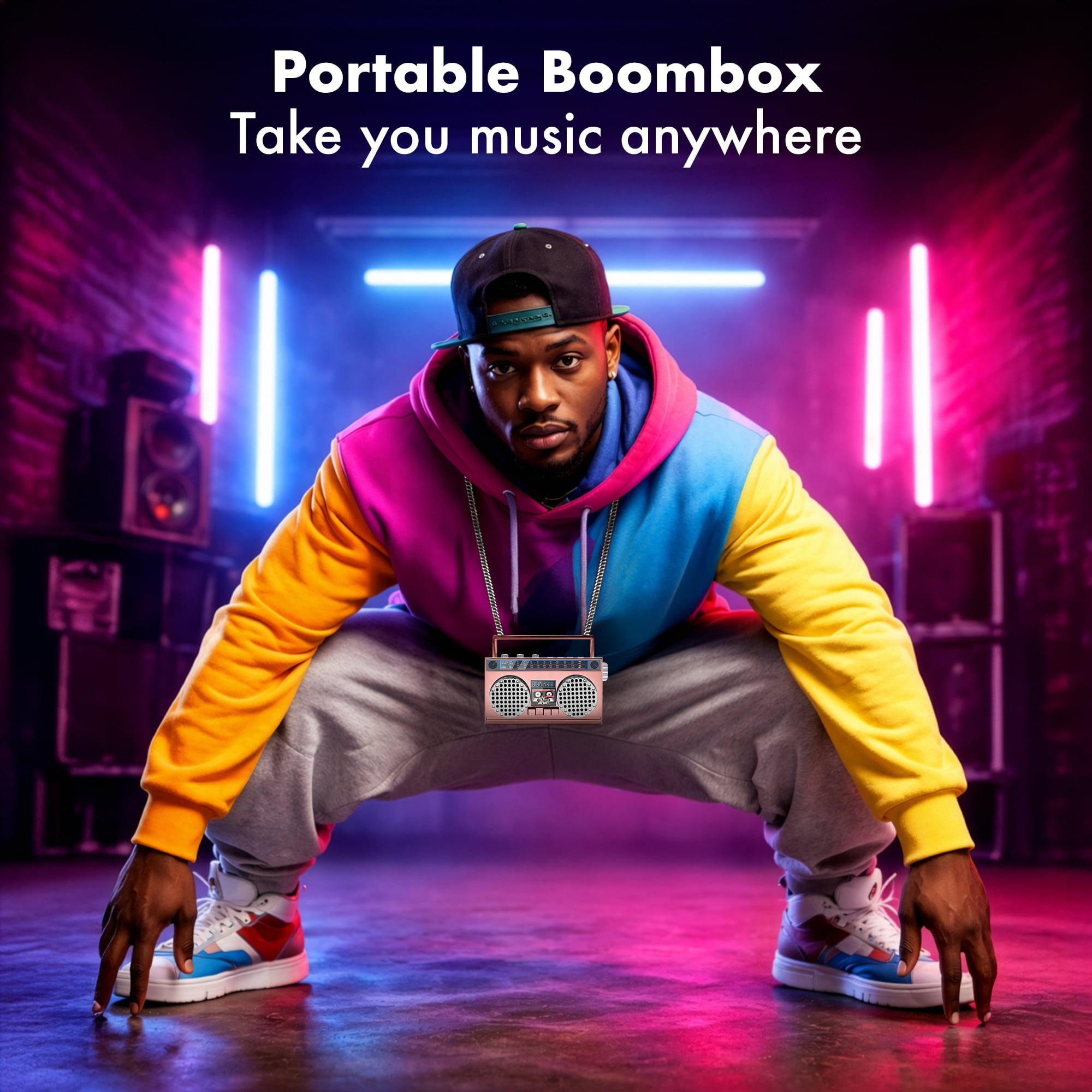 50th Anniversary of Hip Hop Portable Mini Bluetooth Wireless Speaker Retro Wearable Boombox, 27 Inch Necklace, FM Radio, On Board Buttons, Dual 6W Peek Power Micro Speakers, Long Lasting Battery
