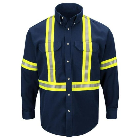 Bulwark SLUCNV-RG-M Mens Midweight FR Enhanced Visibility Uniform Shirt with Reflective Trim, Navy - Medium - Regular