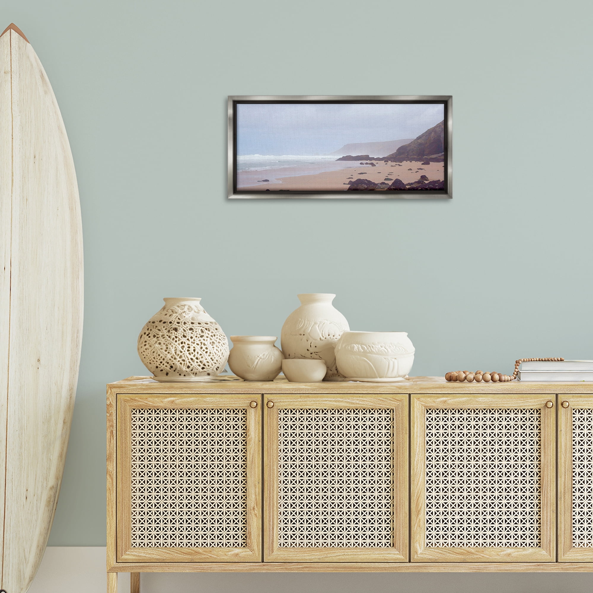 Stupell Industries Sea Mists View Landscape Photography Gray Floater Framed Canvas Art Print Wall Art, 31 x 14