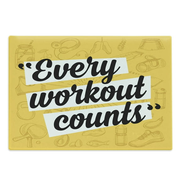 Fitness Cutting Board, Every Workout Counts Phrase in Writing Marks Healthy Living Theme, Decorative Tempered Glass Cutting and Serving Board, Large Size, Yellow Black White, by Ambesonne