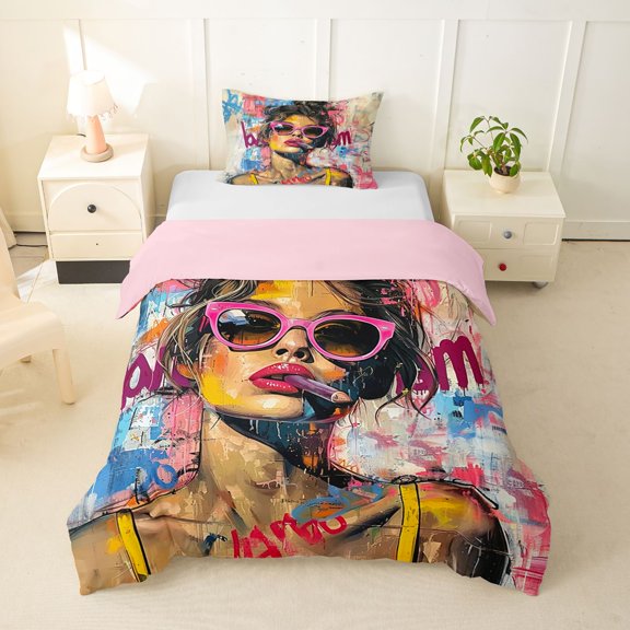 spefrowx Graffiti Abstract Girl Twin Duvet Cover for Kids, Pink Sunglass Paint Splash Twin Bedding, Pink Reversible, 2 Pieces, 1 Duvet Cover and 1 Pillowcase