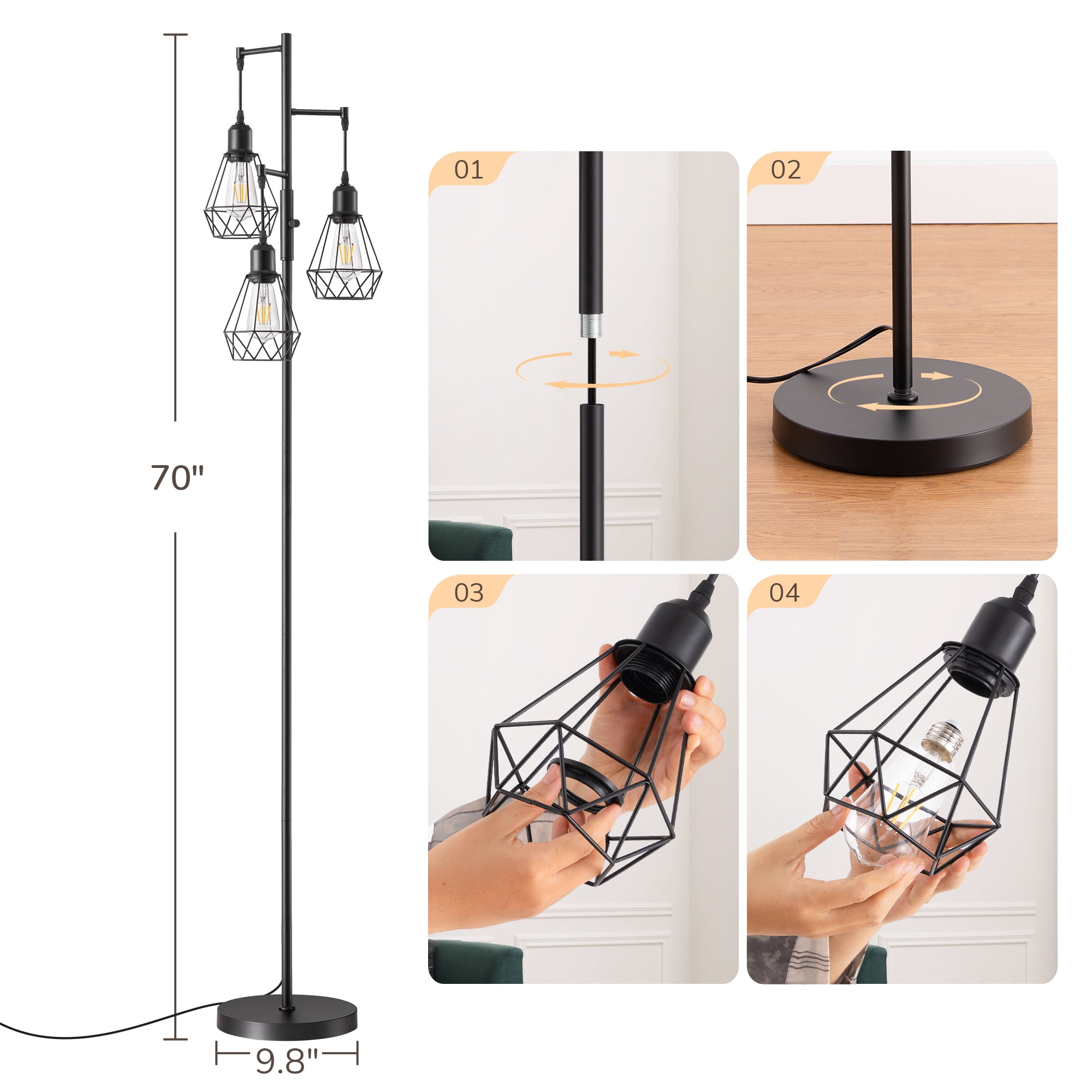 EDISHINE 70IN Farmhouse Industrial Floor Lamps for Living Room, Dimmable, Metal Standing Tree Lamp for Bedroom, Office, Home Decor, Lighting, 3 LED Edison Bulbs Included, Black